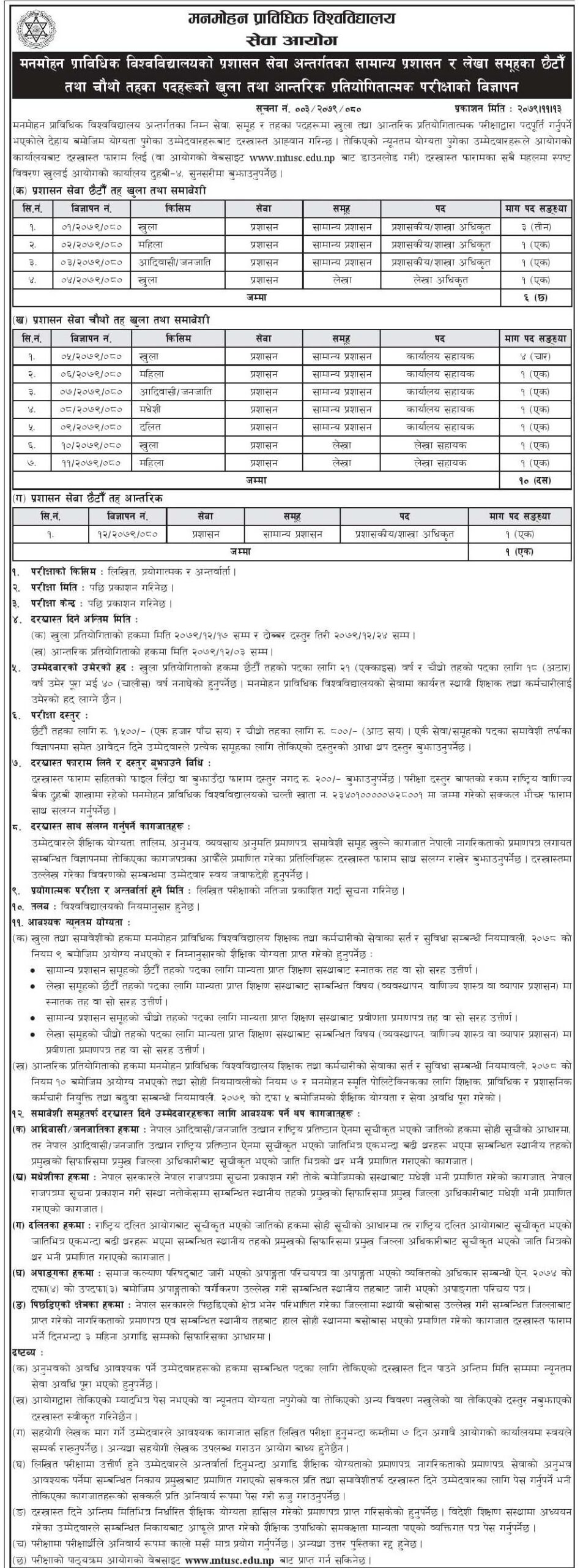 Manmohan Technical University Service Commission has advertised for open and internal promotions.

An open and internal competitive examination has been announced for the sixth and fourth level posts of the general administration and accounting group under the administration service.