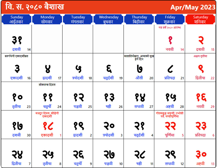 Nepali Patro 2080 for the month of Baisakh