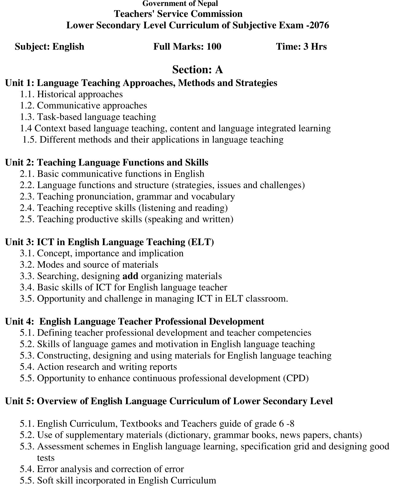Shikshak Sewa Aayog Curriculum of Lower Secondary Level English Subject:- We will put the Shikshak Sewa Aayog lower secondary level English Subject Exam syllabus in this post.