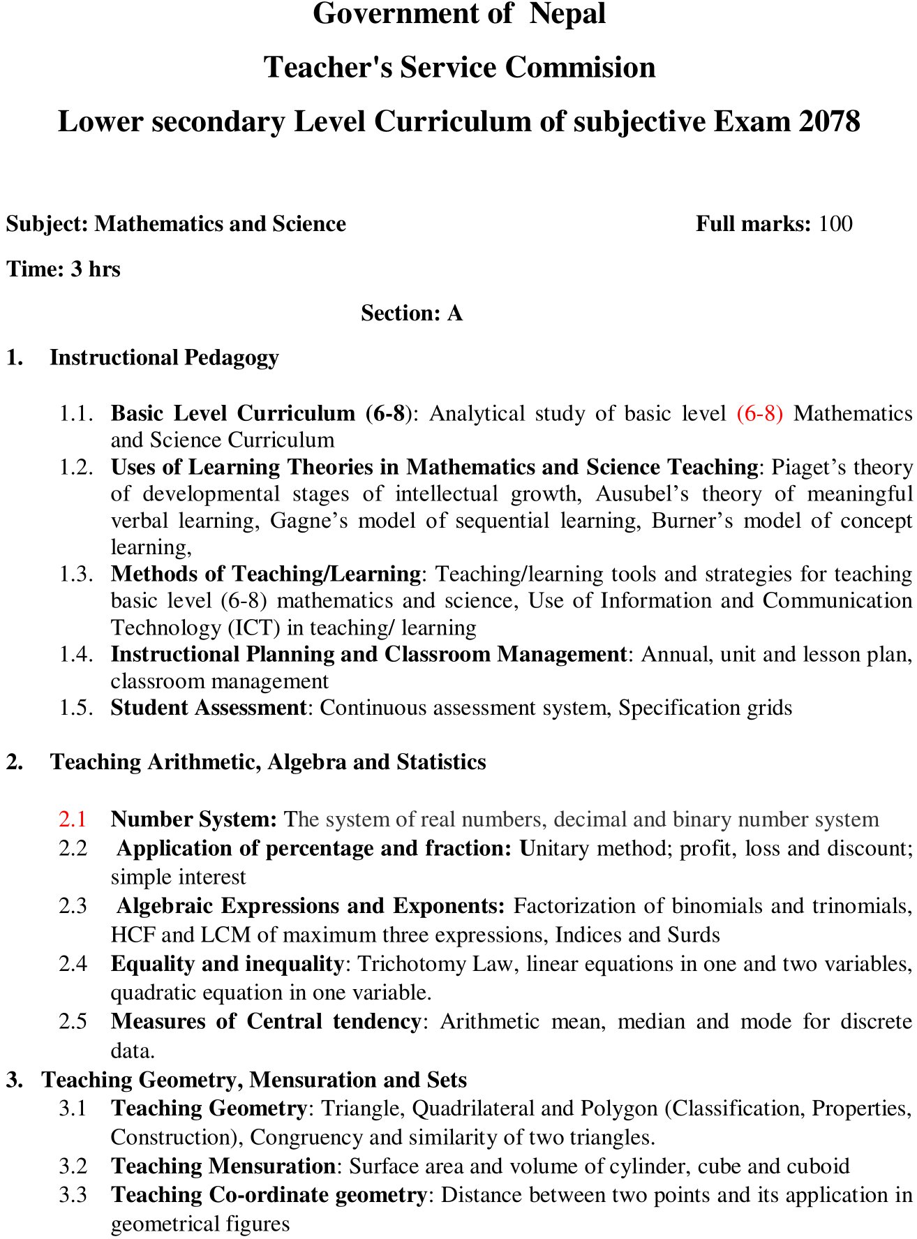 Shikshak Sewa Aayog Curriculum of Lower Secondary Level Mathemetic and Science Subject:- We will put the Shikshak Sewa Aayog lower secondary level Mathemetic and Science Subject Exam syllabus in this post.