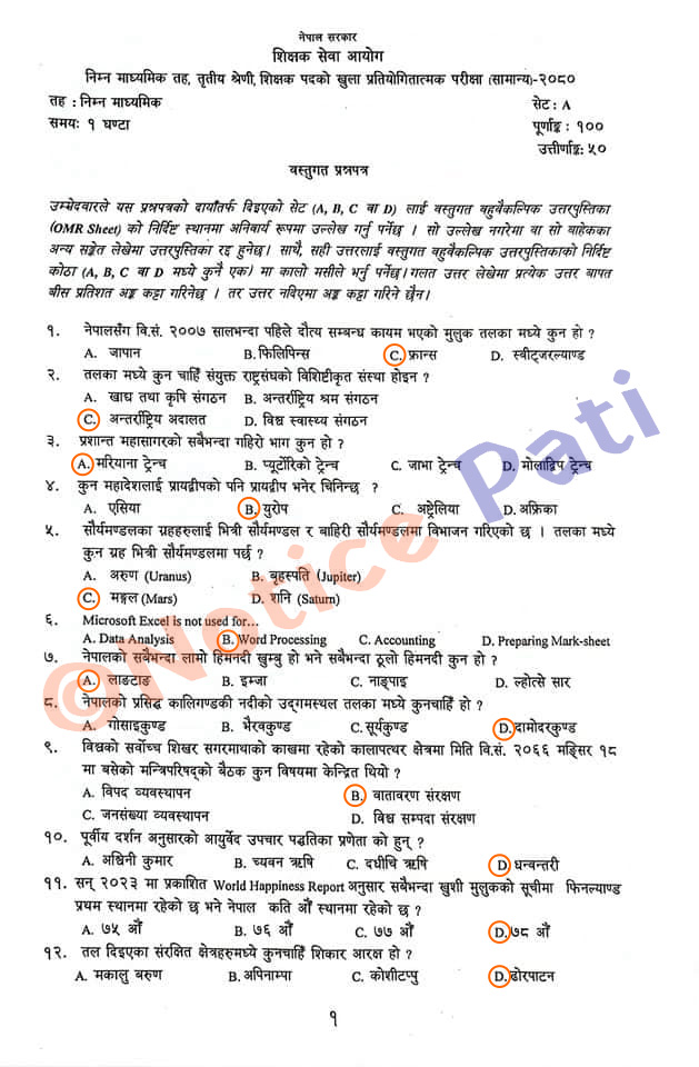 Shikshak Sewa Aayog Lower Secondary Level Exam 2080 Question and Answer