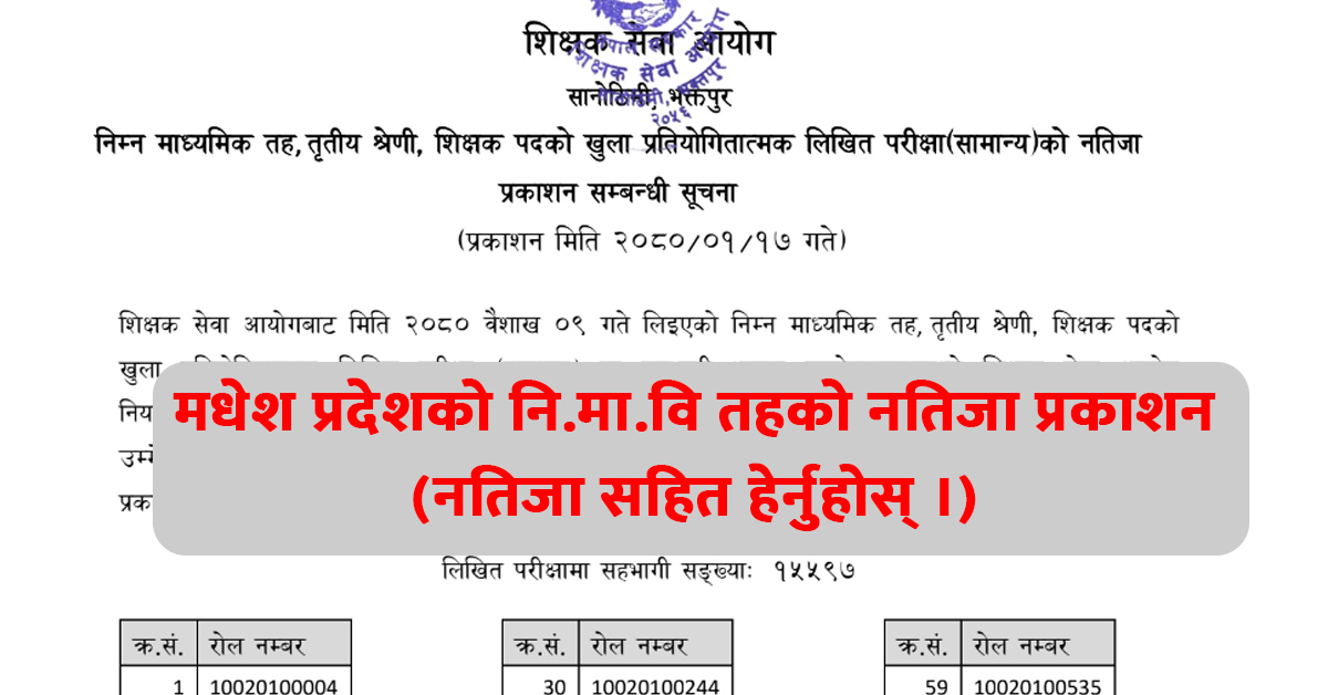 Shikshak Sewa Aayog Lower Secondary Level Madhesh Pradesh General Exam Result