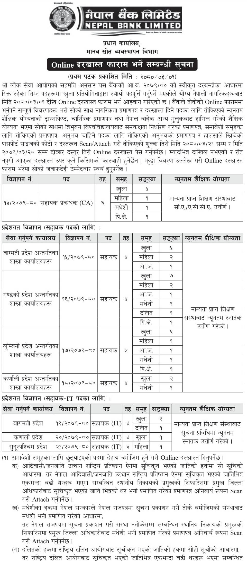 Nepal Bank Limited(NBL) has advertised for the recruitment of posts through open and inclusive competitive examination.