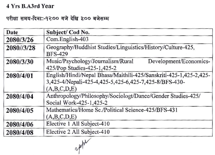 four year bachelor of arts (ba) 3rd year exam schedule 2079