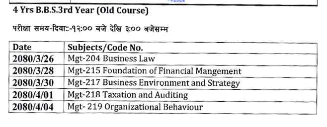 Four Year Bachelor of  Business Studies (B.B.S) 3rd Year Exam Schedule 2079 Old Course