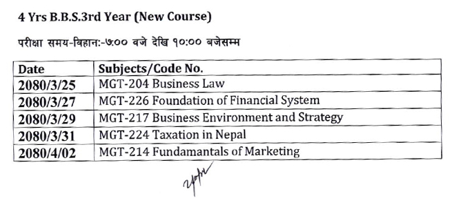 Four Year Bachelor of  Business Studies (B.B.S) 3rd Year Exam Schedule 2079 New Course